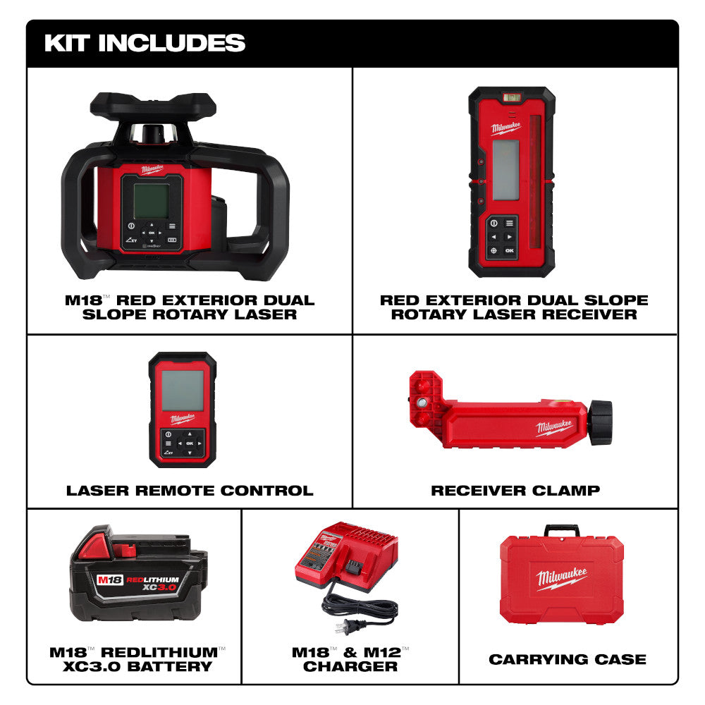 Milwaukee 3704-21 - M18™ Red Exterior Dual Slope Rotary Laser Level Kit w/ Receiver & Remote