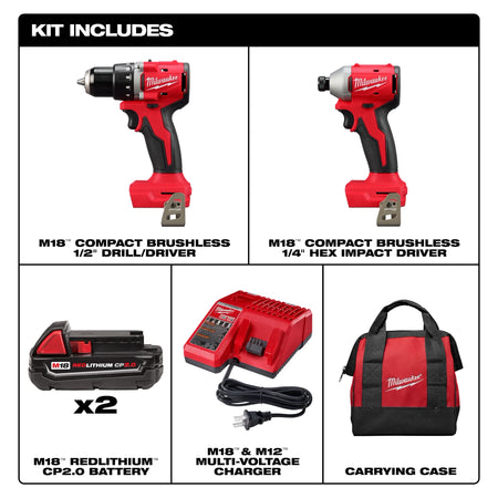 MILWAUKEE 3692-22CT M18™ Compact Brushless 2-Tool Combo Kit