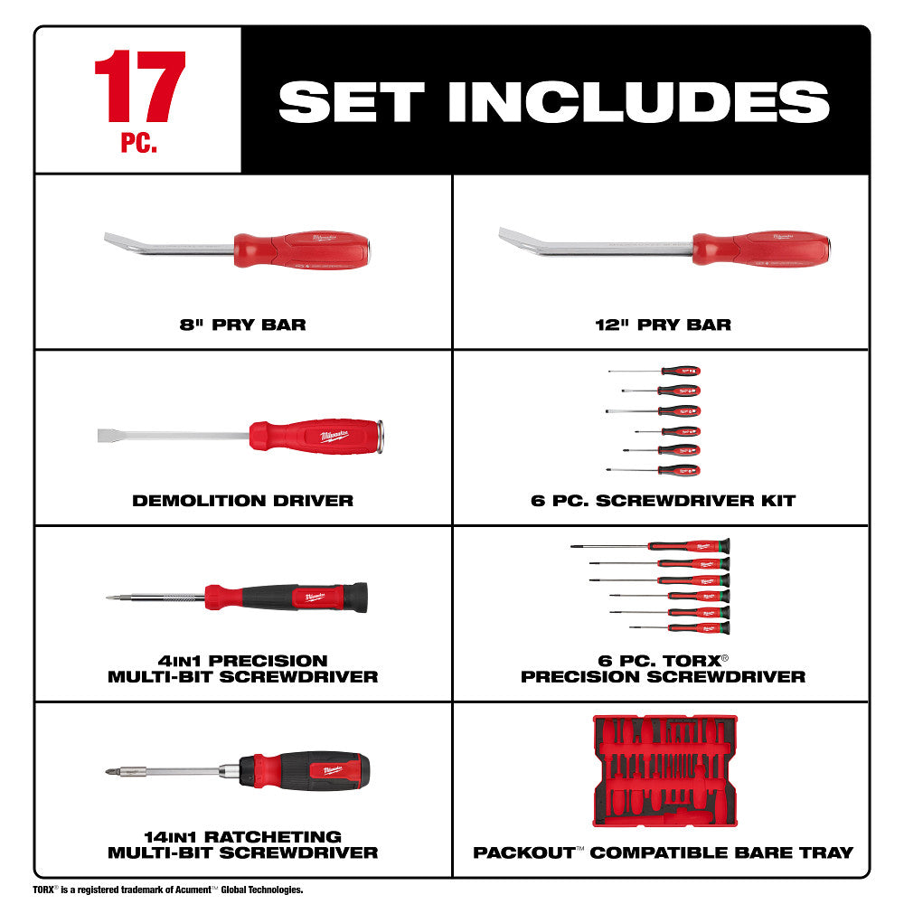 MILWAUKEE 48-22-0158 17pc Screwdriver & Pry Bar Set