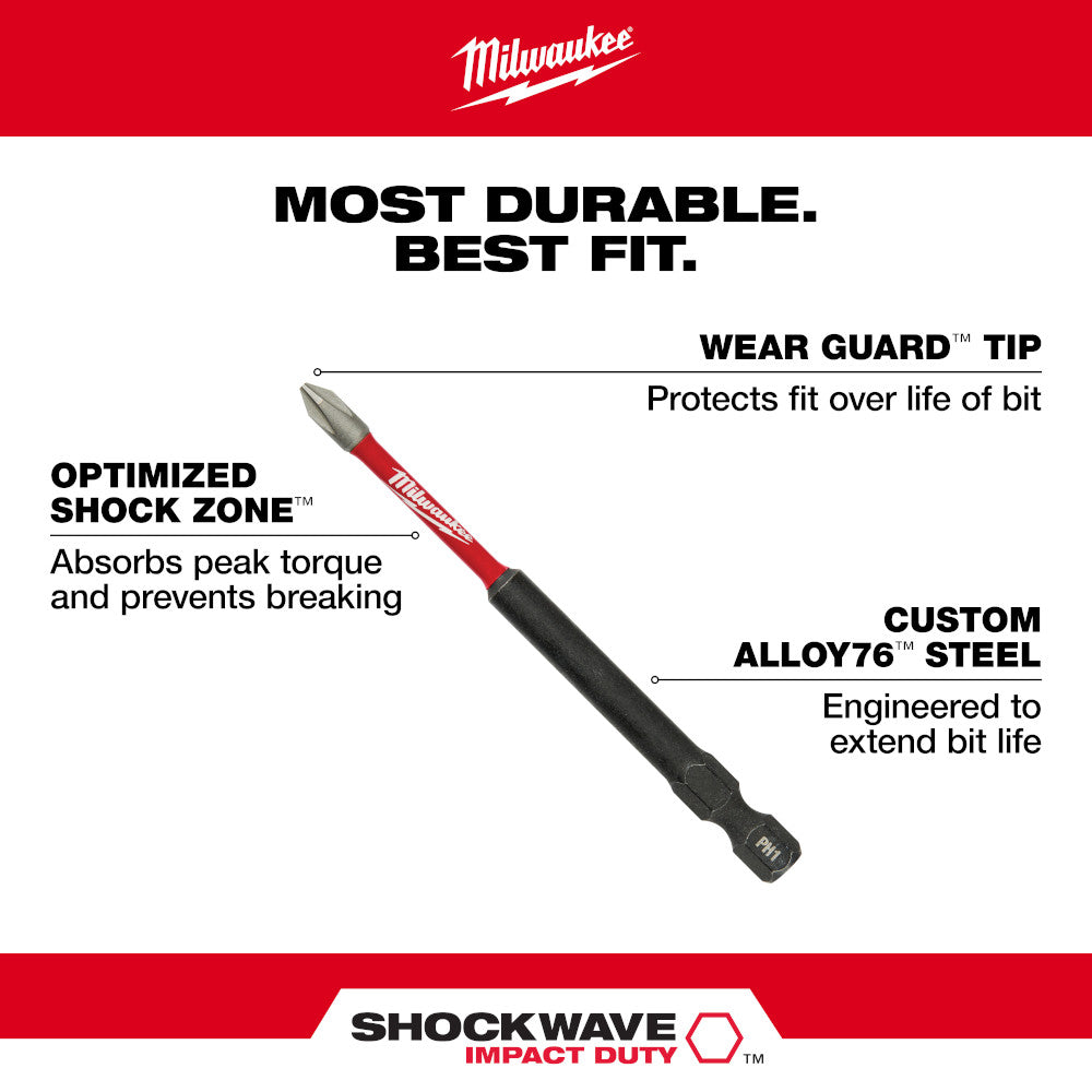 Milwaukee 48-32-4550 - Jeu de 3 embouts magnétiques et PH2 SHOCKWAVE Impact Duty™