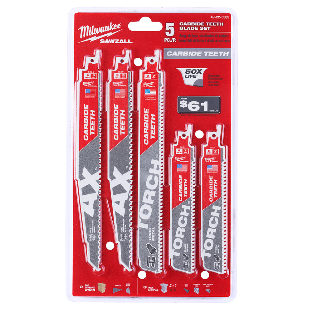 Milwaukee 49-22-5505 - 5pc Carbide Teeth SAWZALL® Blade Set