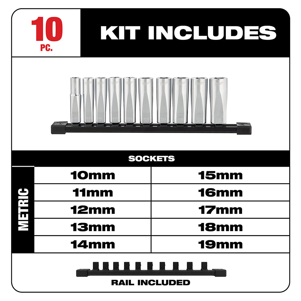 Milwaukee 48-22-9505 - 10pc 3/8 in. Metric Deep Well Sockets with FOUR FLAT™ Sides