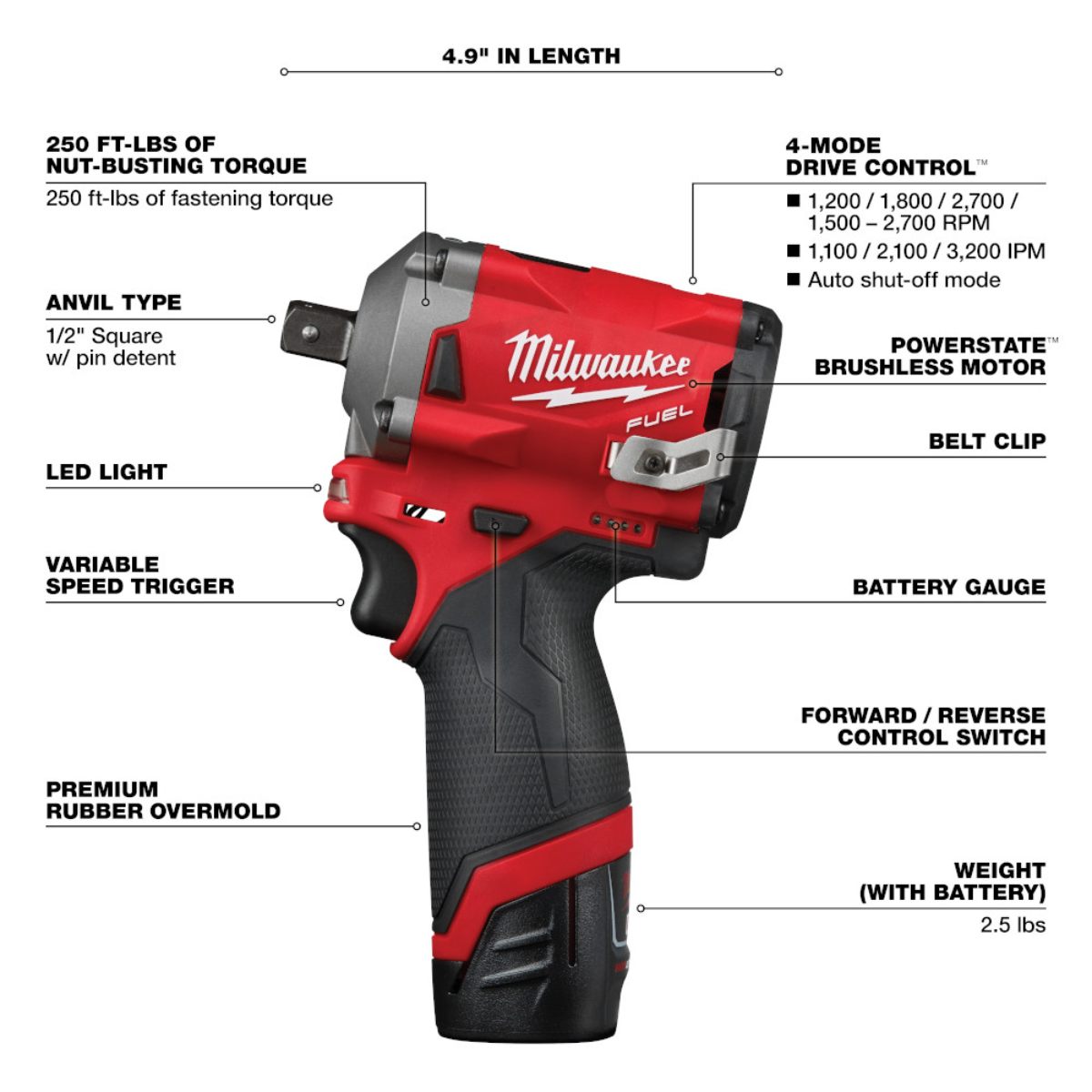 Milwaukee 2555P-22 M12 FUEL 1/2" Stubby Impact Wrench Kit with Pin Detent