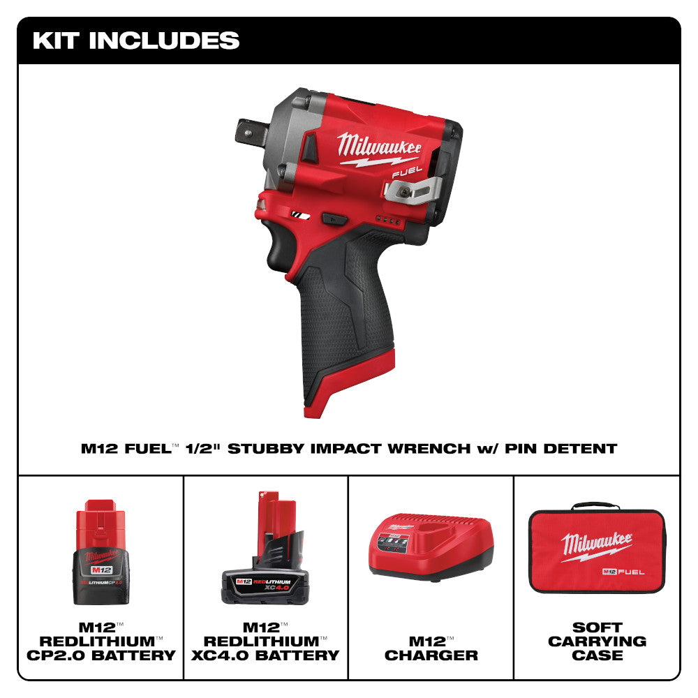 Milwaukee 2555P-22 M12 FUEL 1/2" Stubby Impact Wrench Kit with Pin Detent
