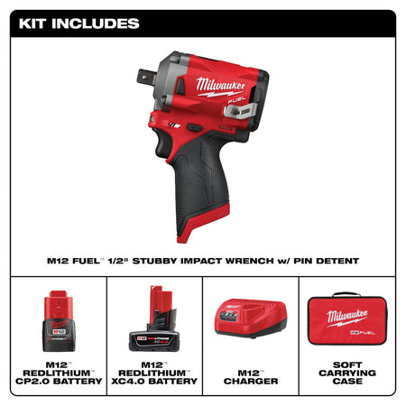 Milwaukee 2555P-22 M12 FUEL 1/2" Stubby Impact Wrench Kit with Pin Detent