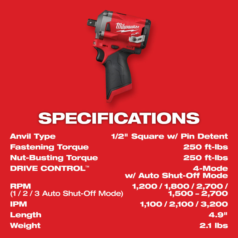 Milwaukee 2555P-22 M12 FUEL 1/2" Stubby Impact Wrench Kit with Pin Detent
