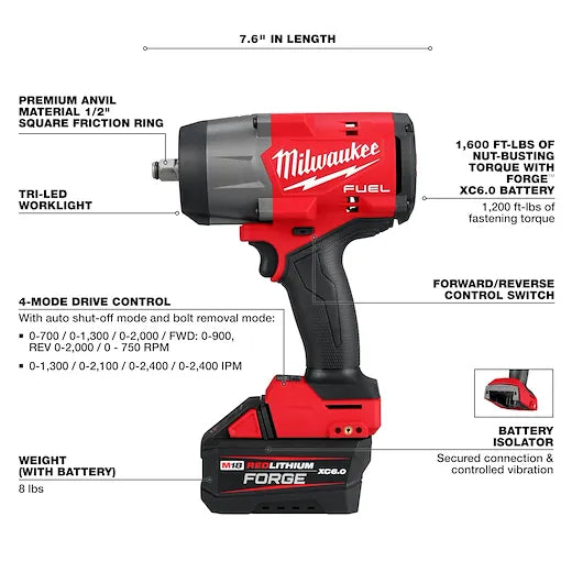 Clé à chocs à couple élevé Milwaukee 2967-21F M18 FUEL™ 1/2" avec batterie Forge 6 Ah