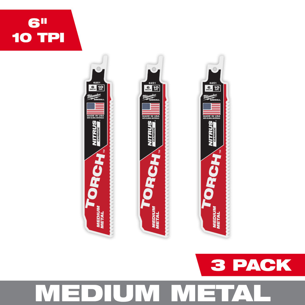 Milwaukee 48-00-6351 – 6 Zoll, 10 Zähne pro Zoll, The TORCH™ mit NITRUS CARBIDE™-Zähnen für mittelschweres Metall, 3er-Pack