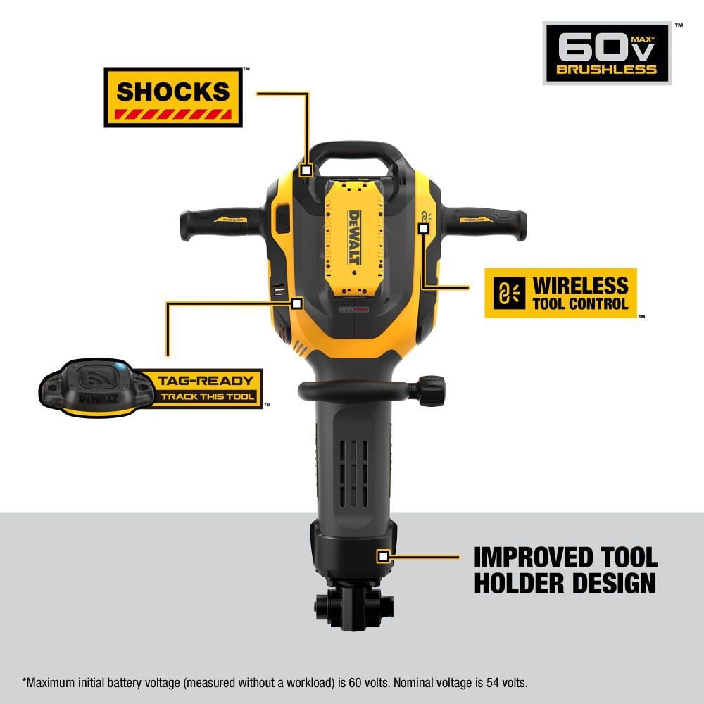 DEWALT DCH966Z2-60V MAX* Cordless Brushless 1-1/8 in 15 Kilo Rotary Hammer Drill Kit (2) FLEXVOLT Lithium Ion Batteries with Charger