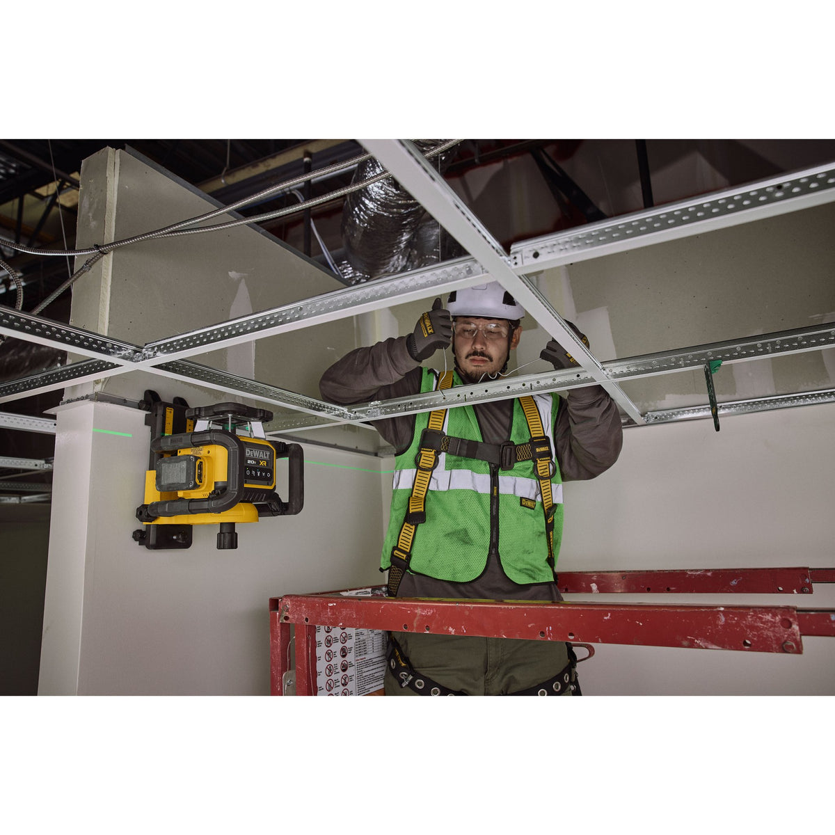 DEWALT DCLE35121GE1 20V MAX XR Green Rotary Laser Kit - in use for ceiling layout