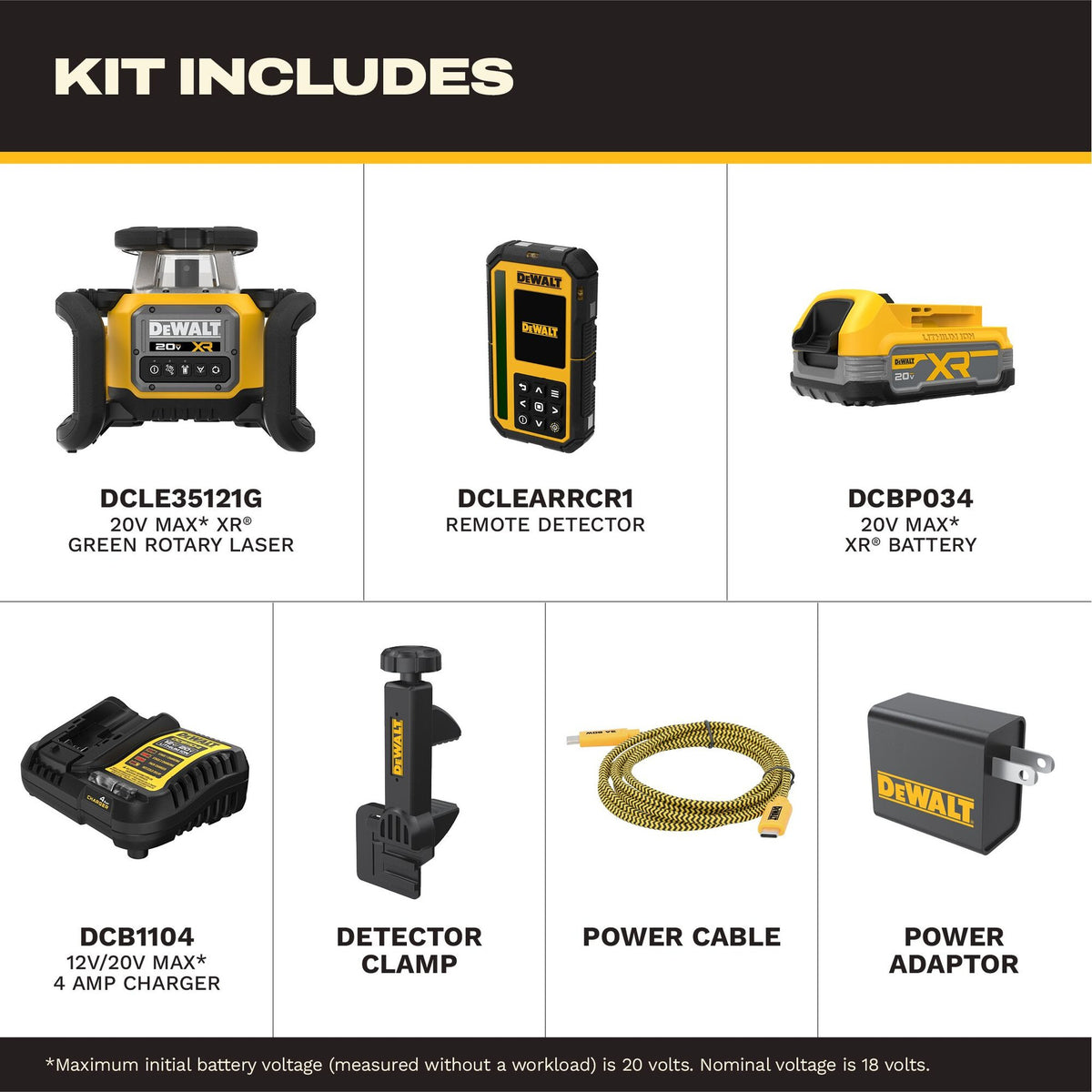 DEWALT DCLE35121GE1 20V MAX XR Green Rotary Laser Kit - kit includes callout