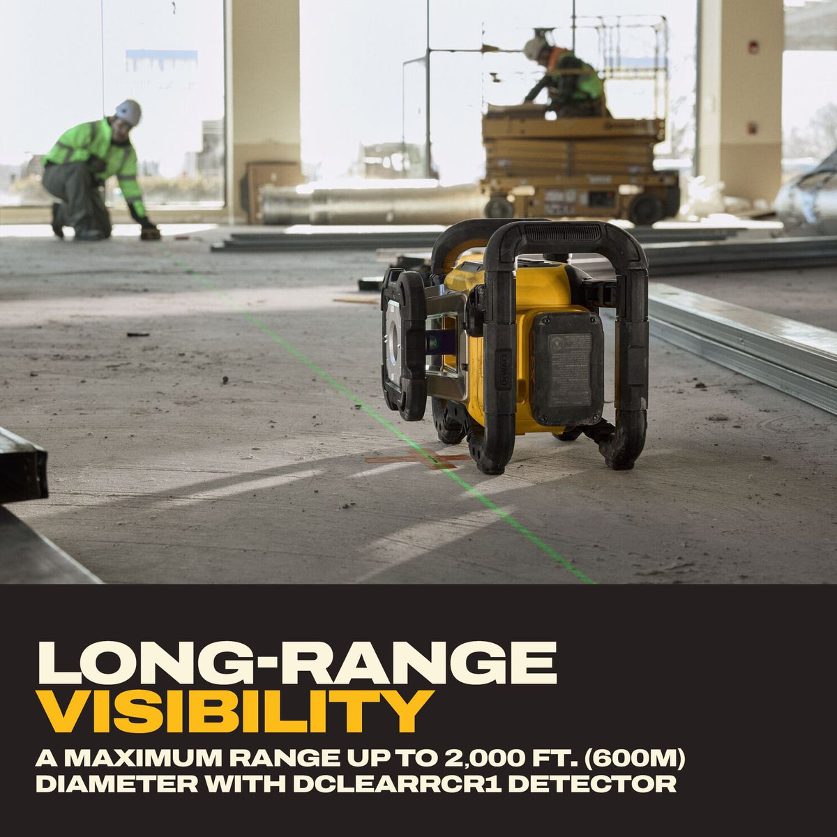 DEWALT DCLE35121GE1 20V MAX XR Green Rotary Laser Kit - 2,000 ft long-range visibility callout