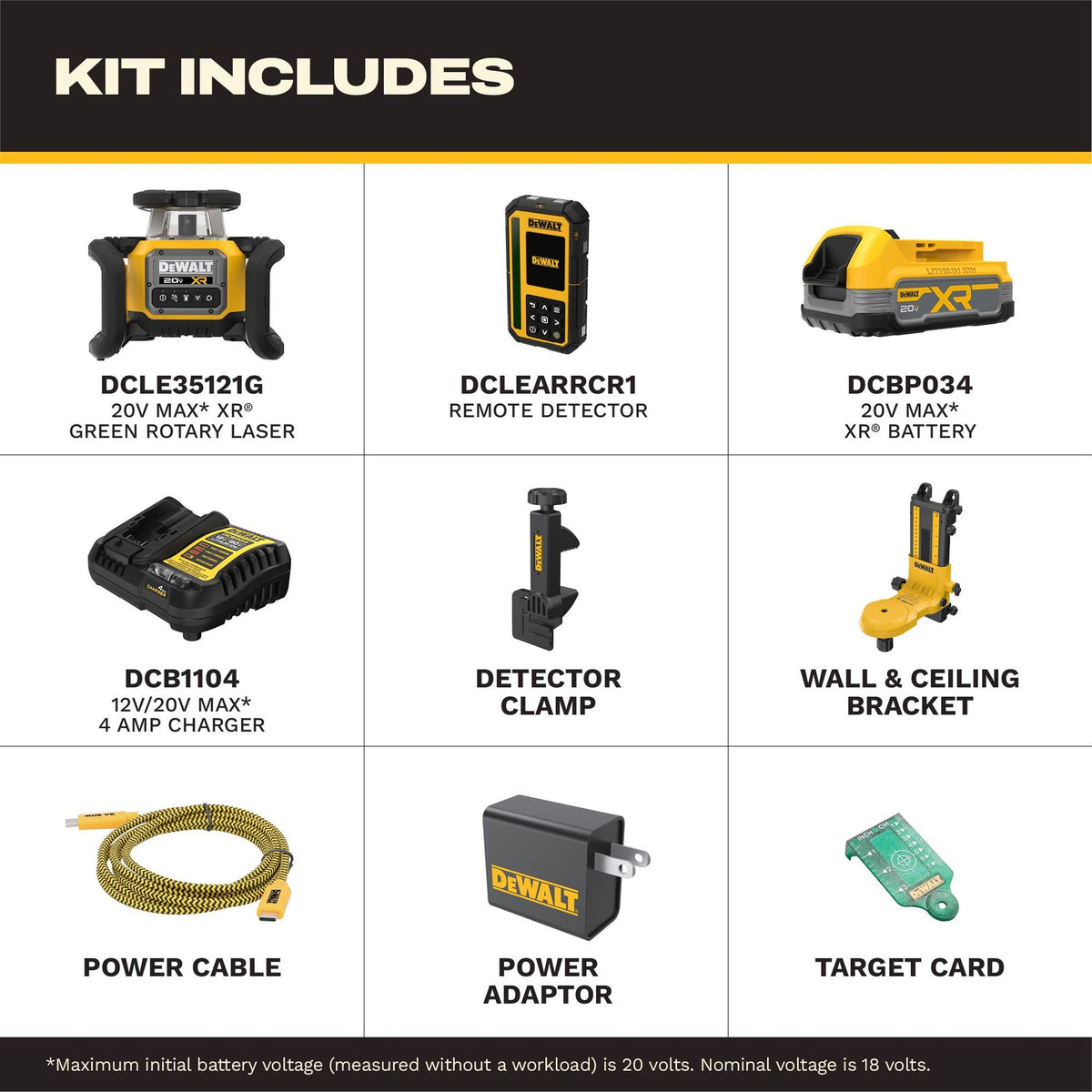 DEWALT DCLE35121GE1F 20V MAX XR Green Rotary Laser Framer Kit - kit includes callout