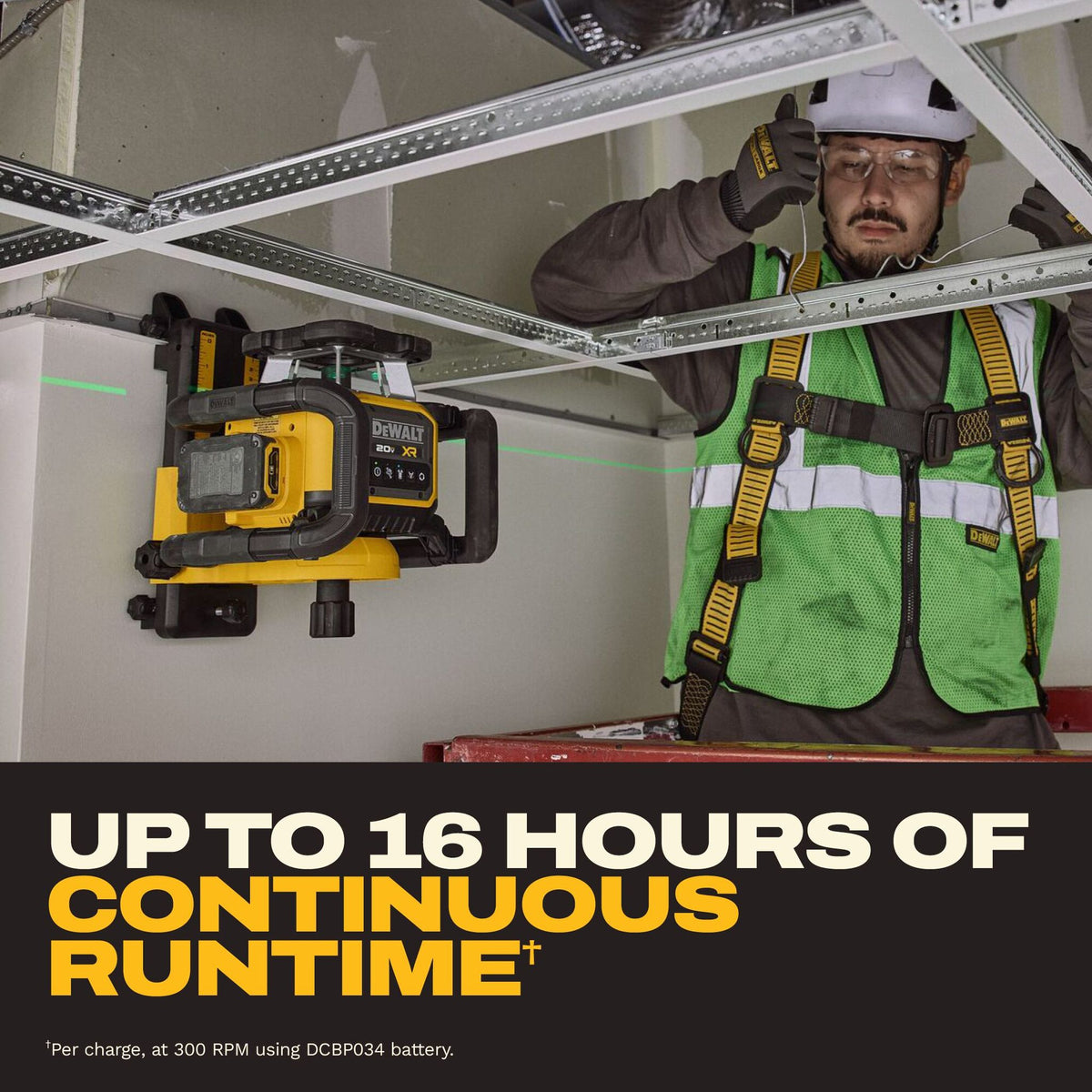 DEWALT DCLE35121GE1F 20V MAX XR Green Rotary Laser Framer Kit - up to 16 hours runtime callout
