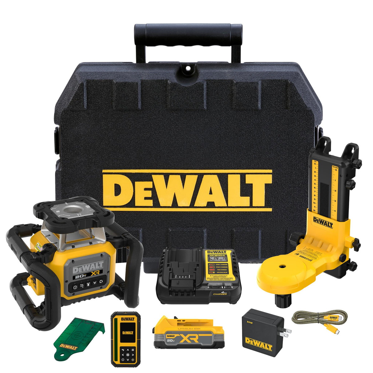 DEWALT DCLE35121GE1F 20V MAX XR Green Rotary Laser Framer Kit - kit contents with case