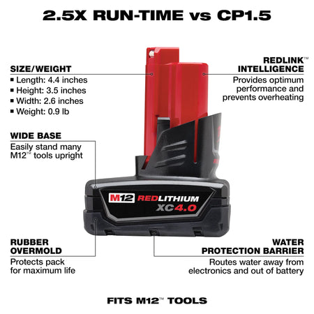 MILWAUKEE 48-11-2440 M12 REDLITHIUM XC 4.0 Extended Capacity Battery Pack