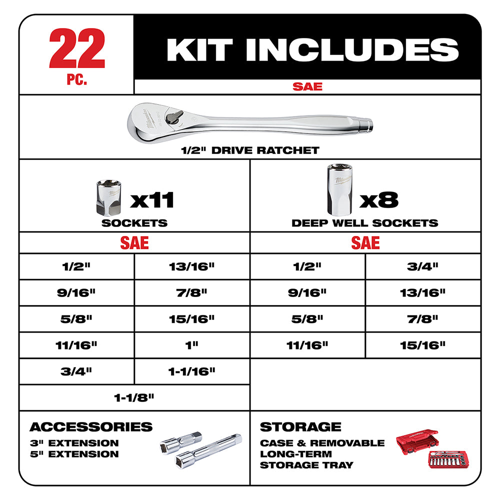 Milwaukee 48-22-9410 - 22-teiliger 1/2 Zoll Steckschlüsselsatz (SAE)