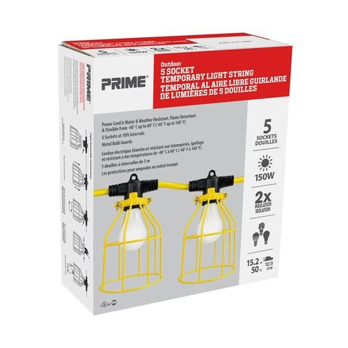 PRIME LSUGM1830 - 50ft. 12/3 SJTW Yellow 5-Light U-Ground Light String W/Metal cages