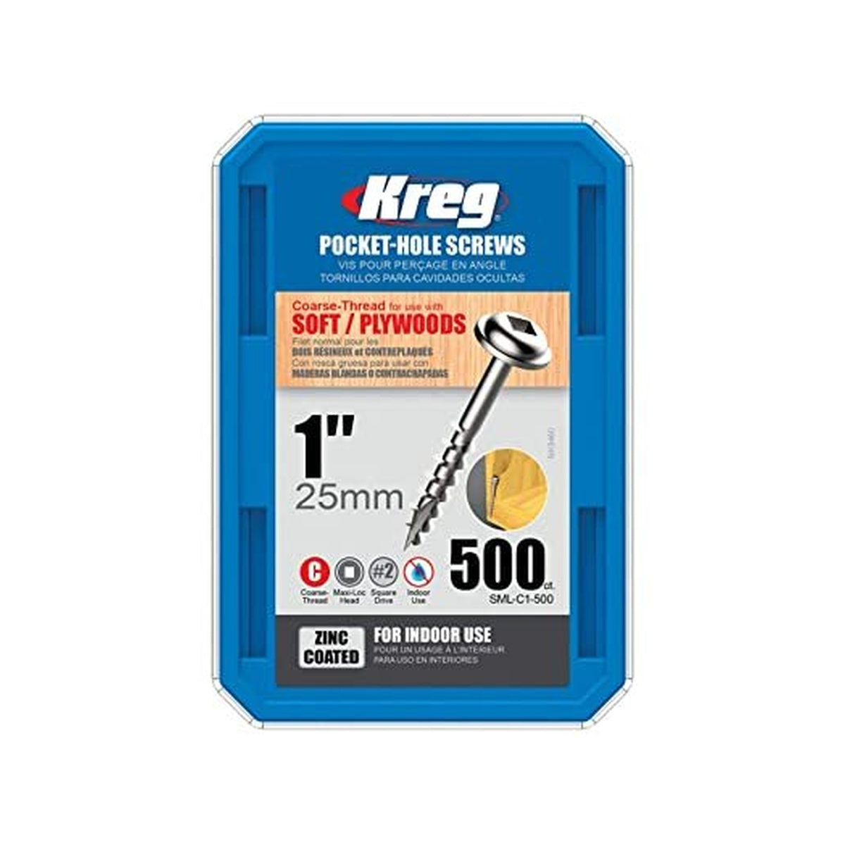 KREG SML-C1-500 - 1" Maxi-Loc Zinc Pocket-Hole Screws (coarse) 500pack