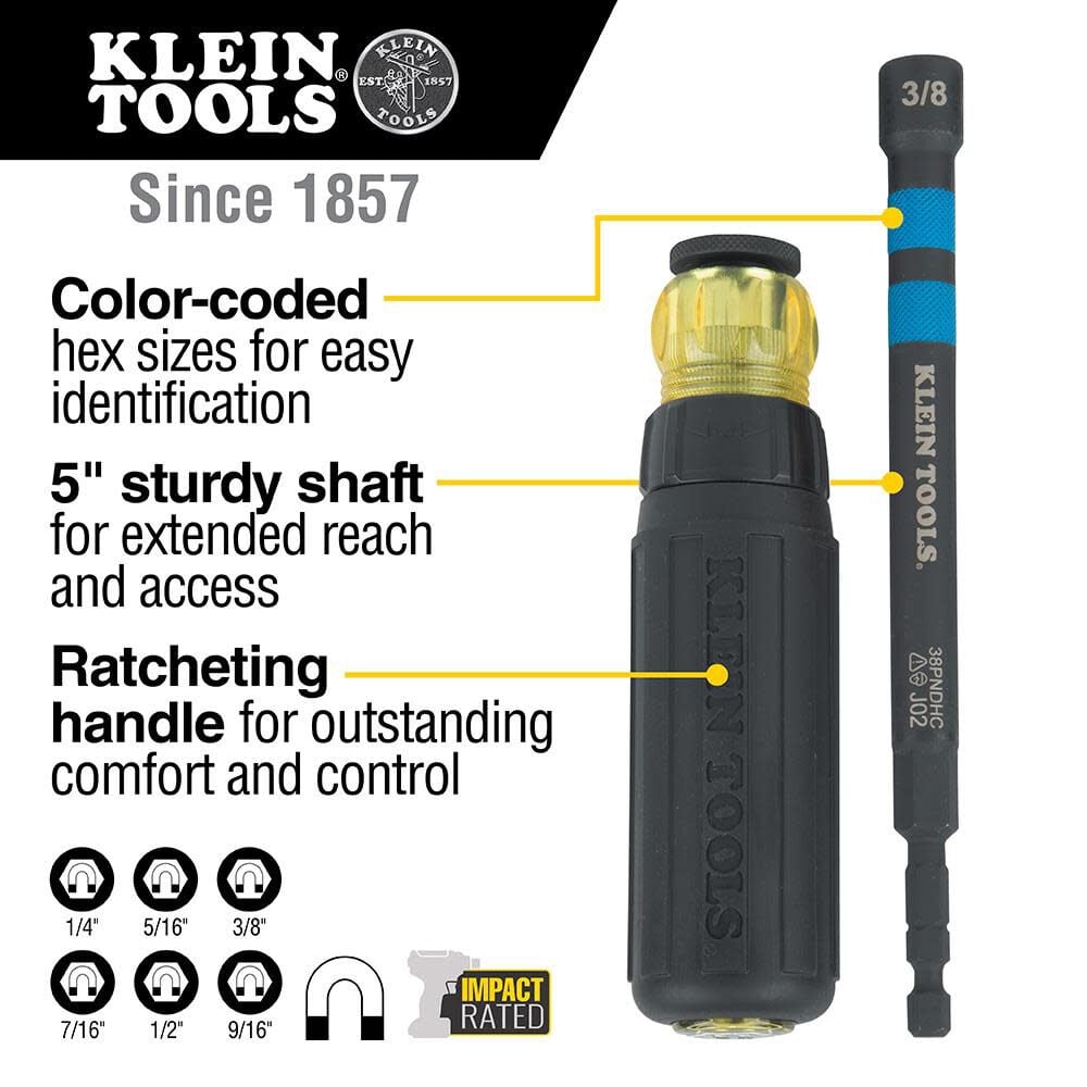 Klein KLE-32950 - Hollow Magnetic Color-Coded Ratcheting Power Nut Drivers, 7-Piece