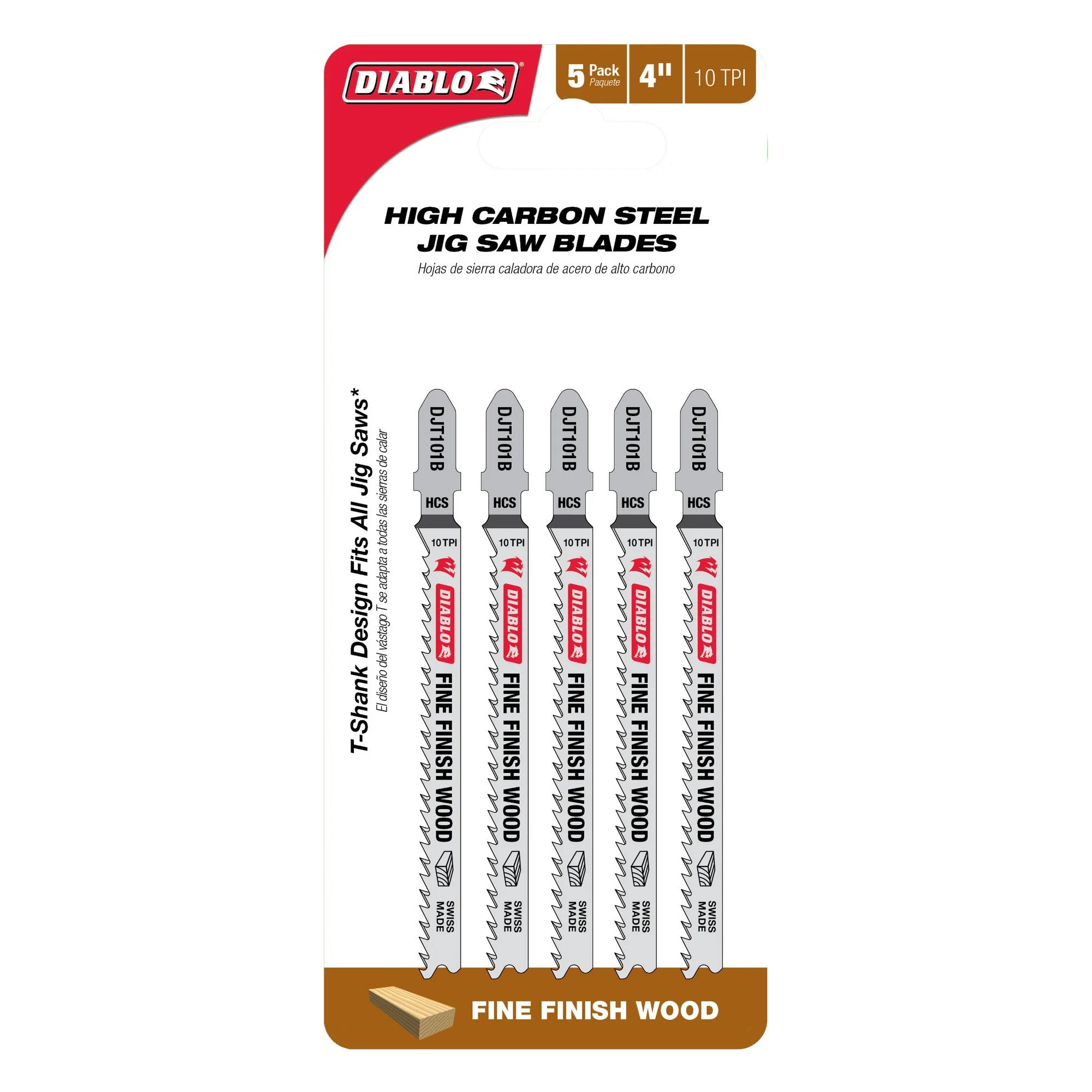 Diablo DJT101B5 - 4 in. 10 TPI High Carbon Steel T-Shank Jig Saw Blades for Fine Finish Cuts in Wood- 5-Pack