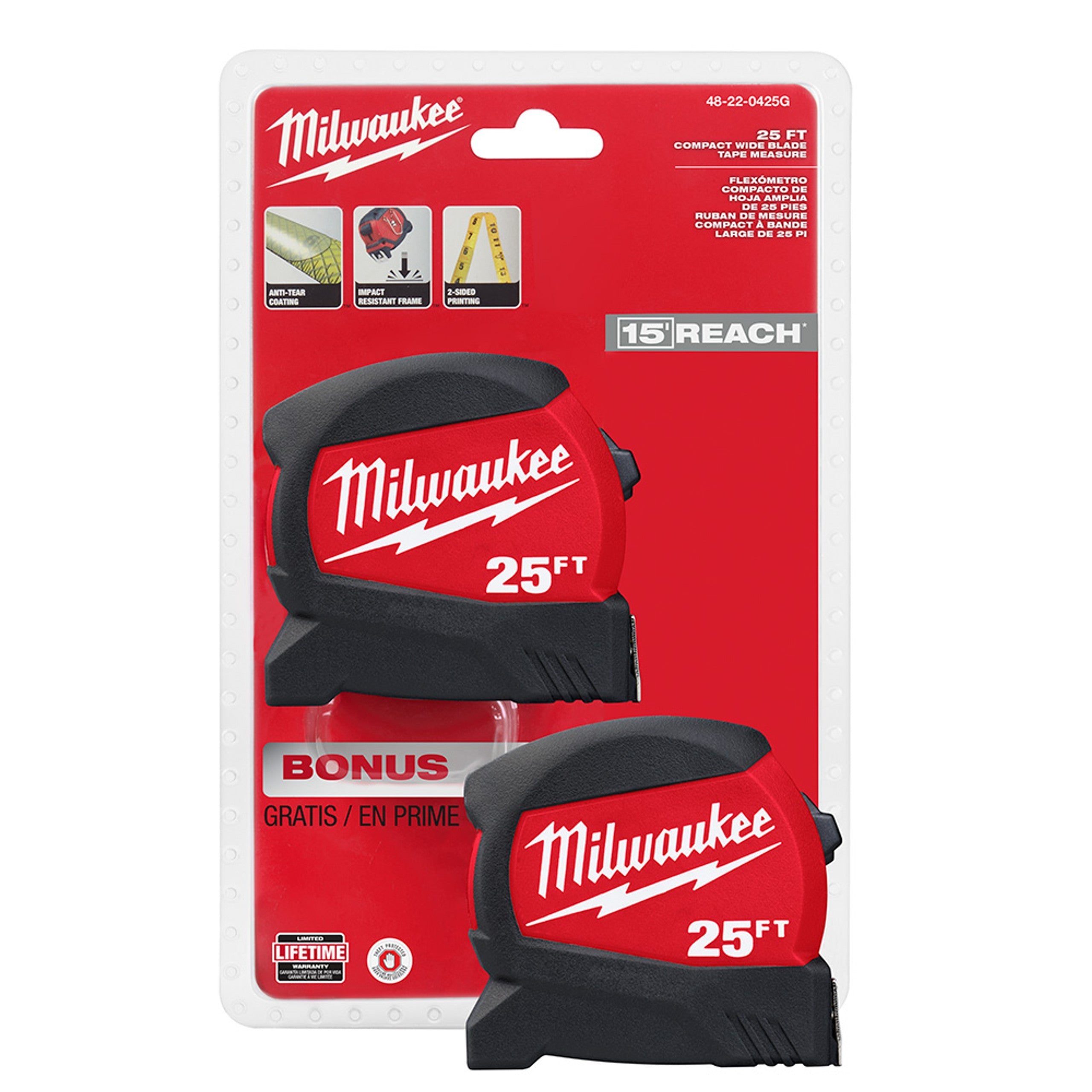 Milwaukee MIL-48-22-0425R - 25FT Compact Wide Blade Tape Measure 2-Pack