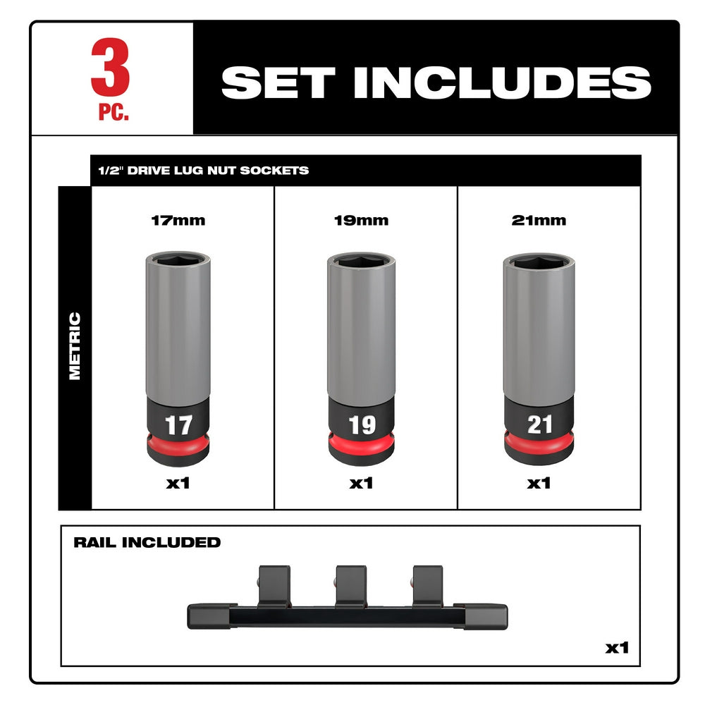 Milwaukee 49-66-7830 - SHOCKWAVE Impact Duty™ 1/2 Drive Metric 3PC Lug Nut Wheel Socket Set