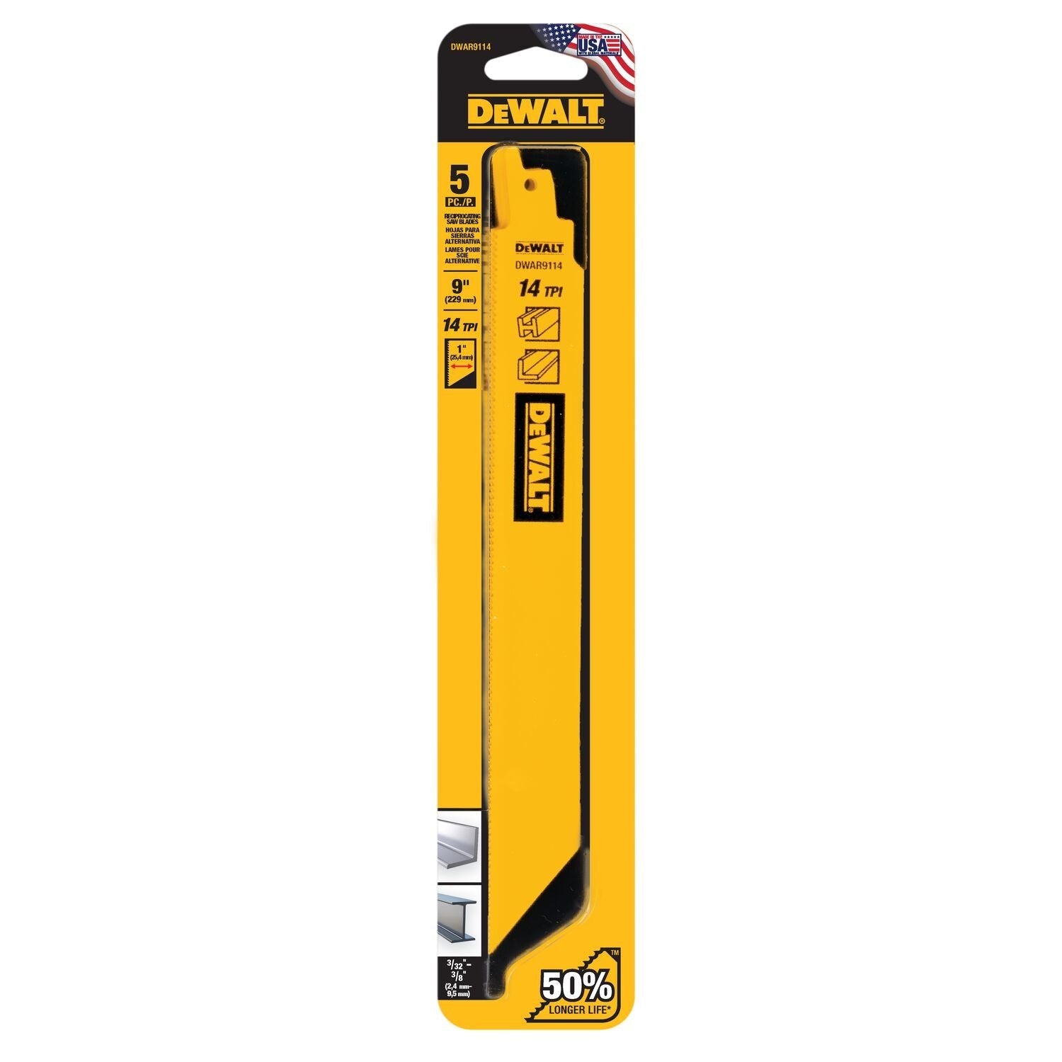 DEWALT DWAR9114-9 In Bi-Metal Reciprocating Saw Blade 14 TPI (5 Pack)