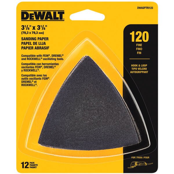 DEWALT DWASPTRI123-Hook & Loop Triangle 120 Grit Sandpaper - 12 Pk