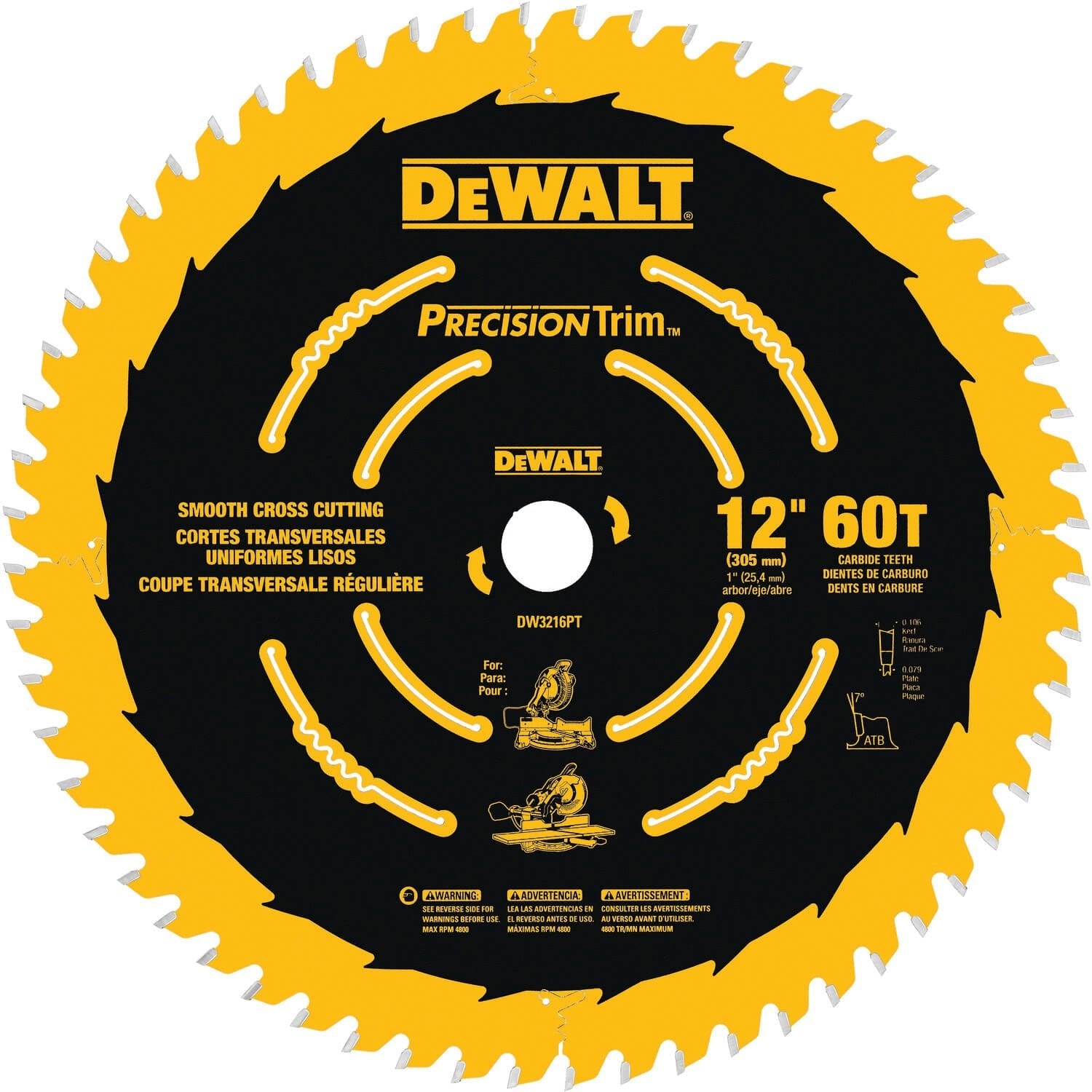 DEWALT DW3216PT Precision Trim 12-Inch 60 Tooth ATB Crosscutting Saw Blade with 1-Inch Arbor and Tough Coat Finish
