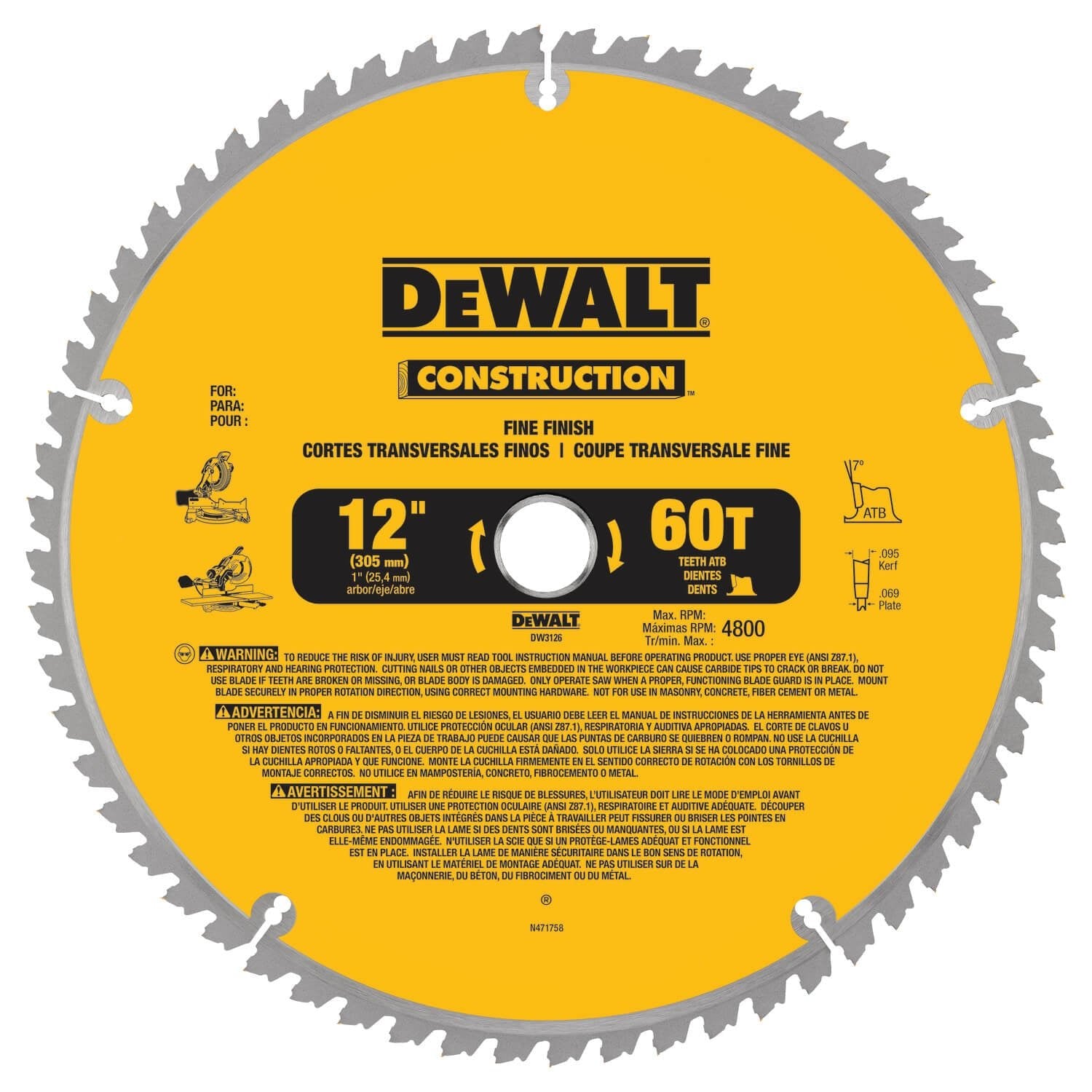 DEWALT DW3126 Series 20 12-Inch 60 Tooth ATB Thin Kerf Crosscutting Miter Saw Blade with 1-Inch Arbor
