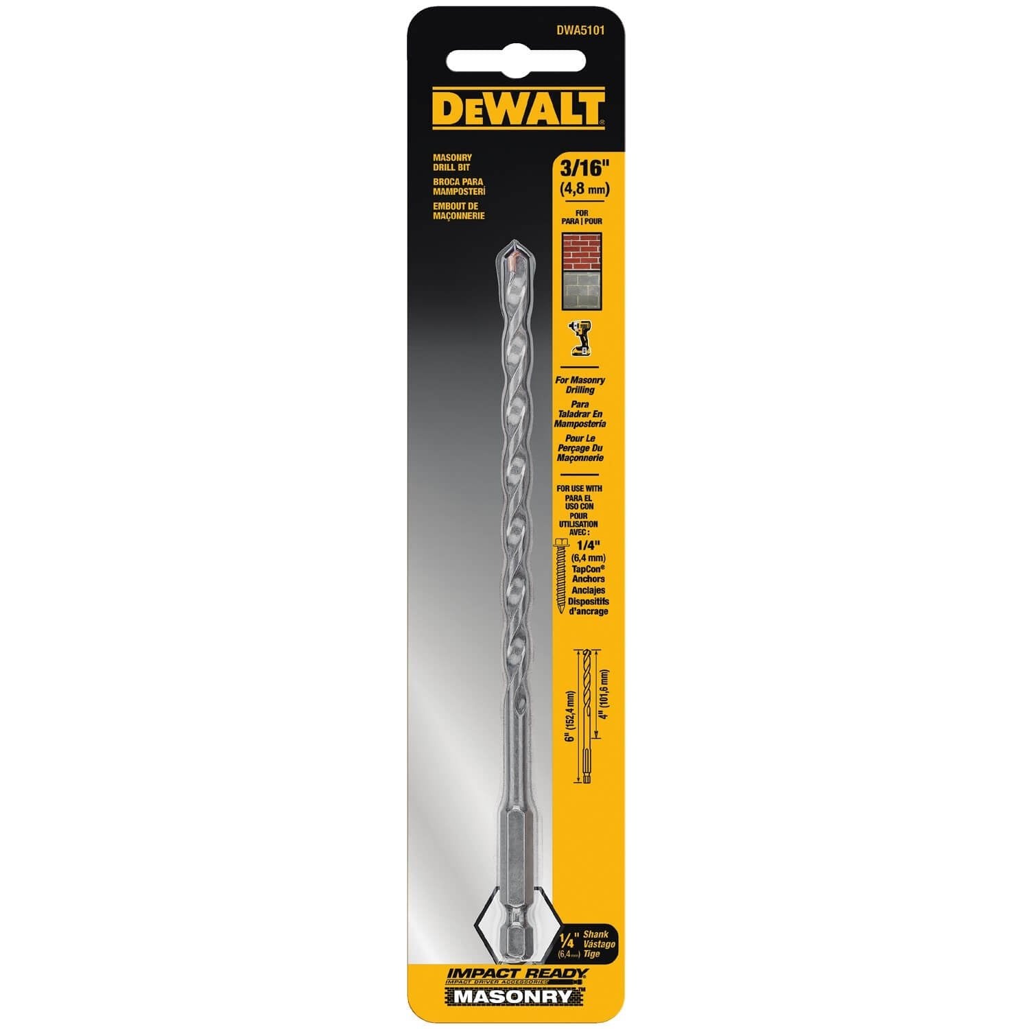 Foret à maçonnerie DEWALT DWA5101, compatible avec les impacts, 3/16 po x 4 po x 6 po