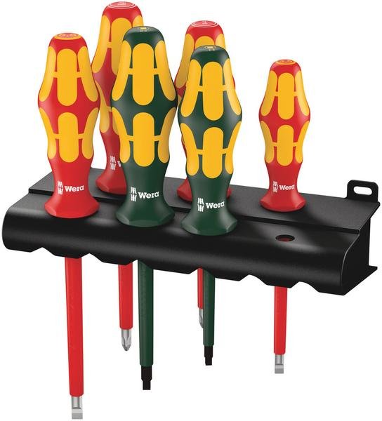 Wera 347777 - Jeu de tournevis isolés VDE pour vis à fente, cruciformes et carrées + support 