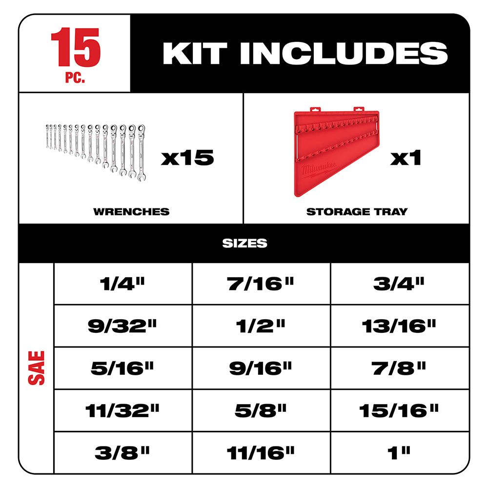 Milwaukee 48-22-9413 -  15pc SAE Flex Head Ratcheting Combination Wrench Set