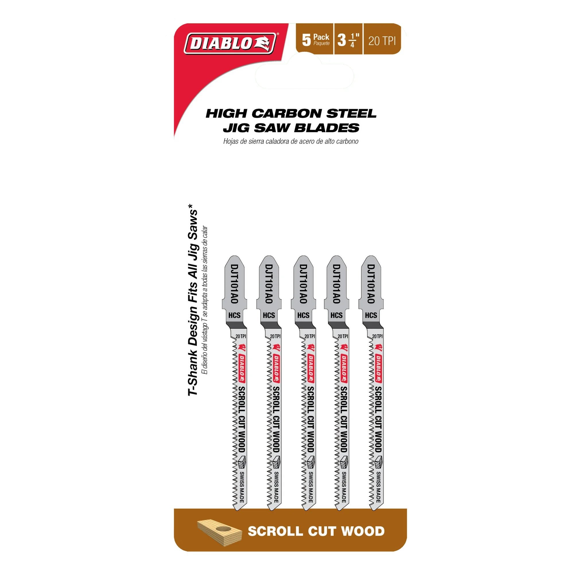 Diablo DJT101AO5 - 3-1/4 Zoll 20 TPI Stichsägeblätter mit T-Schaft aus Kohlenstoffstahl für Spiralschnitte in Holz - 5er-Pack 