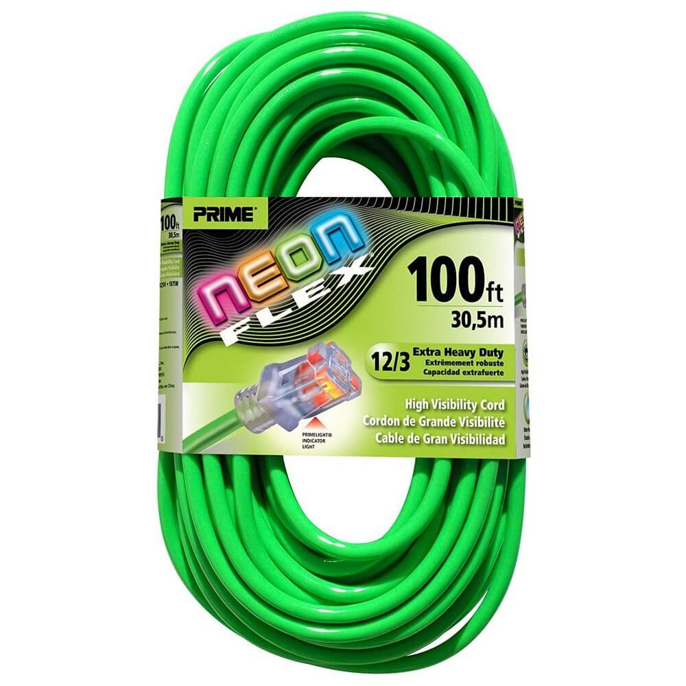 Prime NS512835 100-Foot 12/3 SJTW Flex High Visibility Extra Heavy Duty Outdoor Extension Cord with Prime light Indicator Light, Neon Green