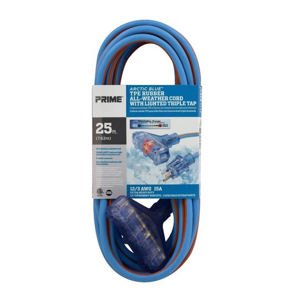 Prime LT630825 Ultra Heavy Duty 25-FT Triple Tap Artic Blue All-Weather Ext Cord