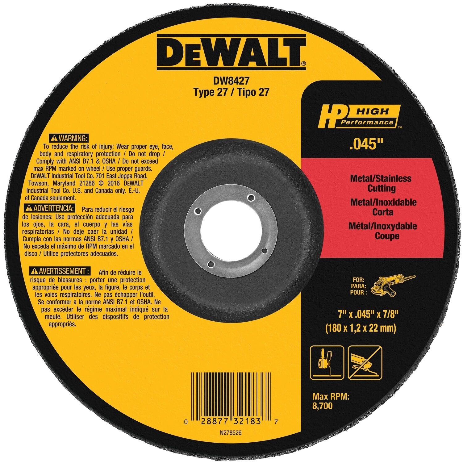 Disque de coupe pour métal/inox DEWALT DW8426 (6 po x 1/16 po x 7/8 po) (quantité : 1)