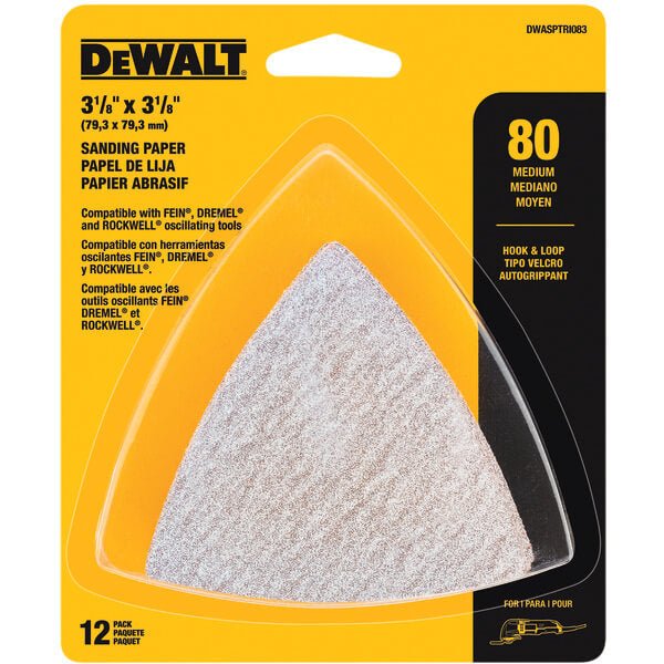 DEWALT DWASPTRI083-Hook And Loop Triangle 80 Grit Sandpaper, 12-Pack