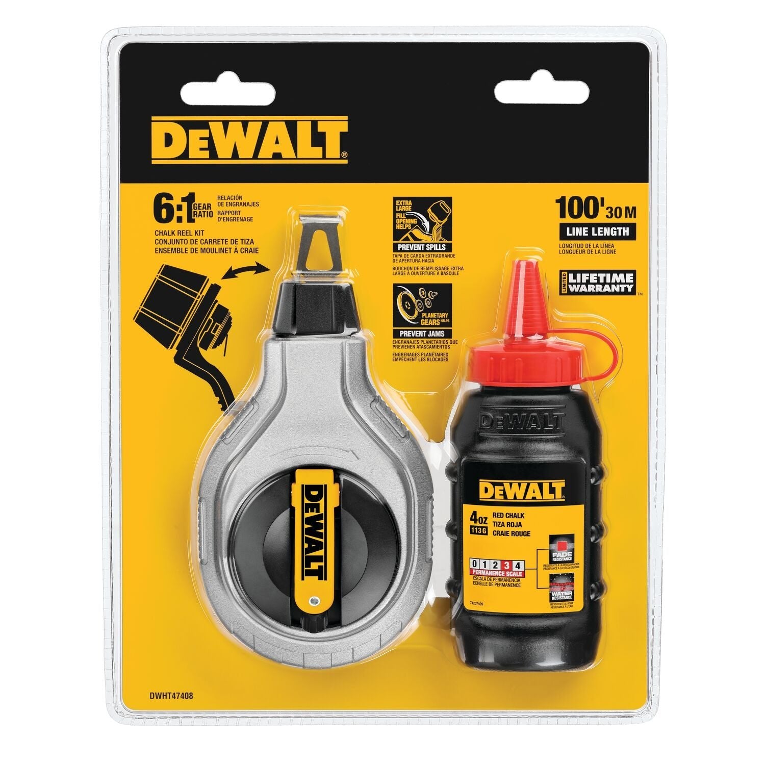 DEWALT DWHT47408-6:1 Chalk Reel 100 Ft W/Red