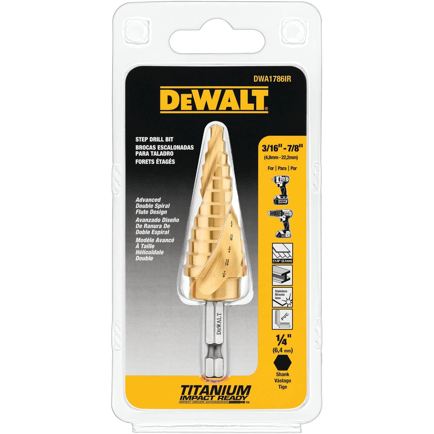 DEWALT DWA1786IR-Step Drill Bit, Impact Ready, 3/16-Inch-7/8-Inch