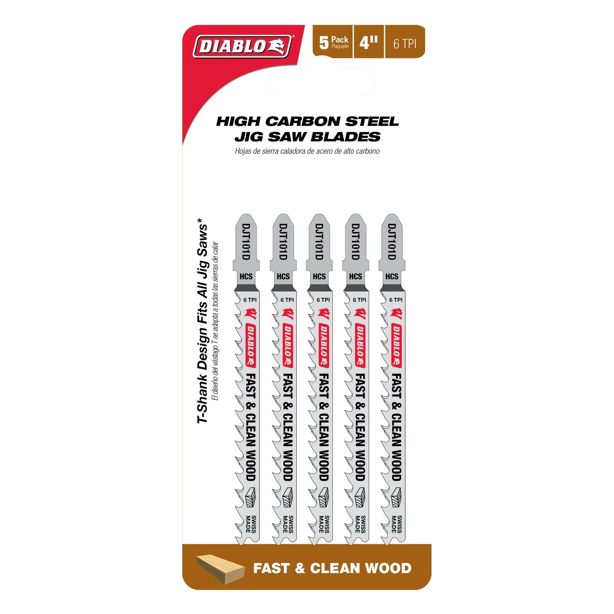 Lames de scie sauteuse Diablo DJT101D5 - 4 po, 6 TPI, tige en T en acier à haute teneur en carbone pour coupes rapides dans le bois propre - Paquet de 5 