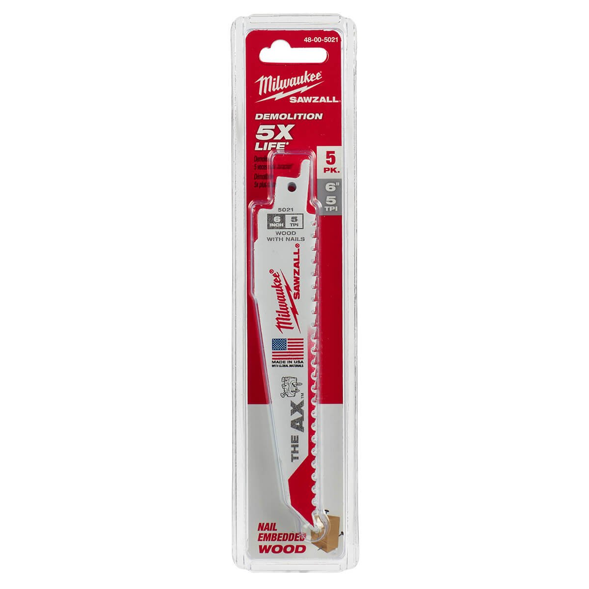 Milwaukee 48-00-5021  -  The AX Nail Embedded Wood Sawzall™ Blades