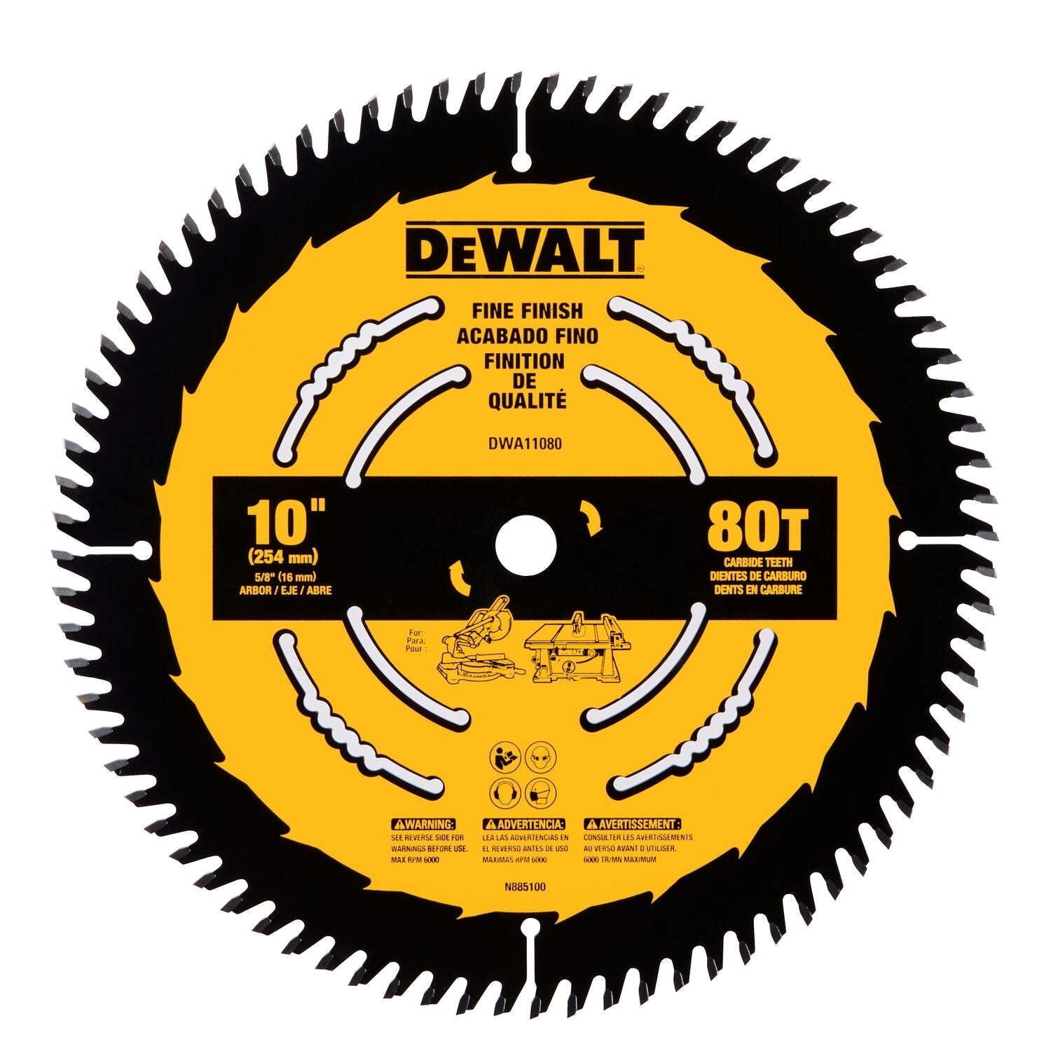 Lame de scie circulaire à table en carbure DEWALT DWA11080-10 pouces, 80 dents, avec mandrin de 5/8 pouces (1 paquet)