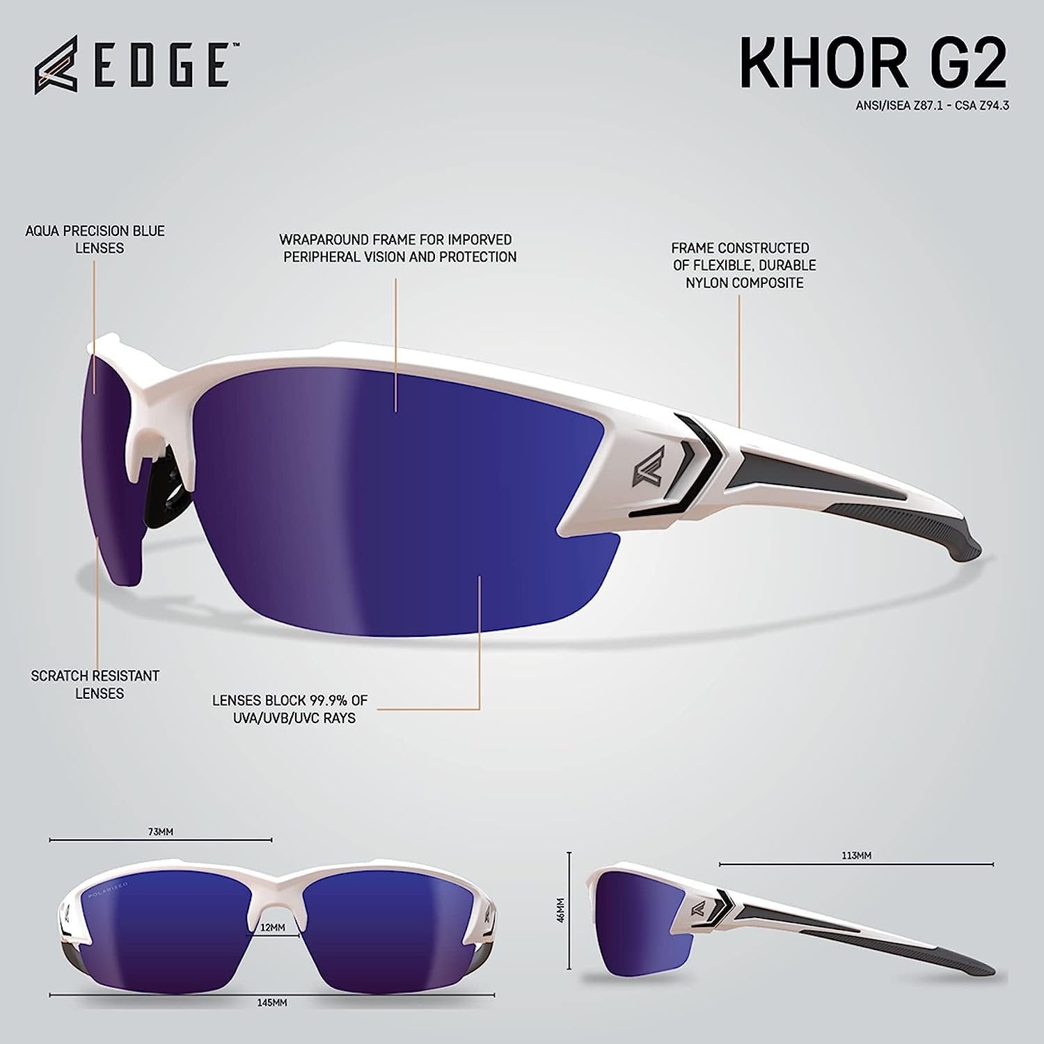 Lunettes de sécurité polarisées enveloppantes Edge TSDKAP248-G2 Khor G2, anti-rayures, antidérapantes, UV 400, qualité militaire, conformes aux normes ANSI/ISEA et MCEPS, 5,04 pouces de large, monture blanche/verres miroir bleus de précision Aqua 