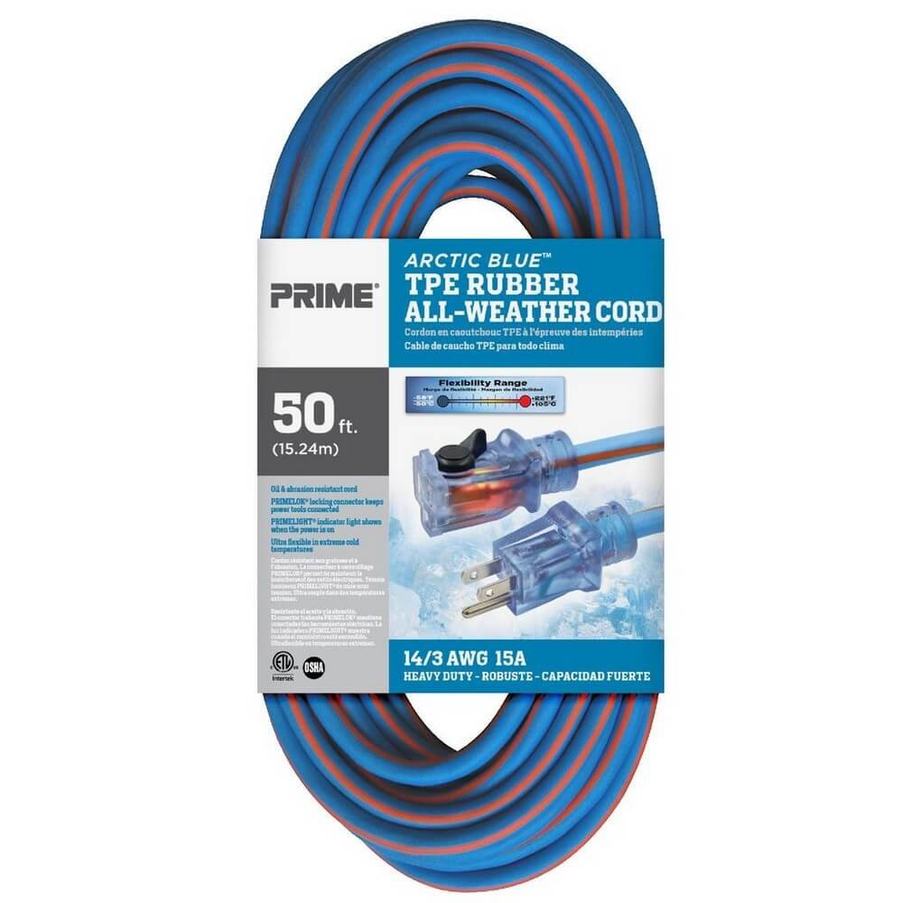 Rallonge électrique robuste en TPE bleu arctique de 15,2 m (50 pieds) pour toutes saisons Prime LT530730