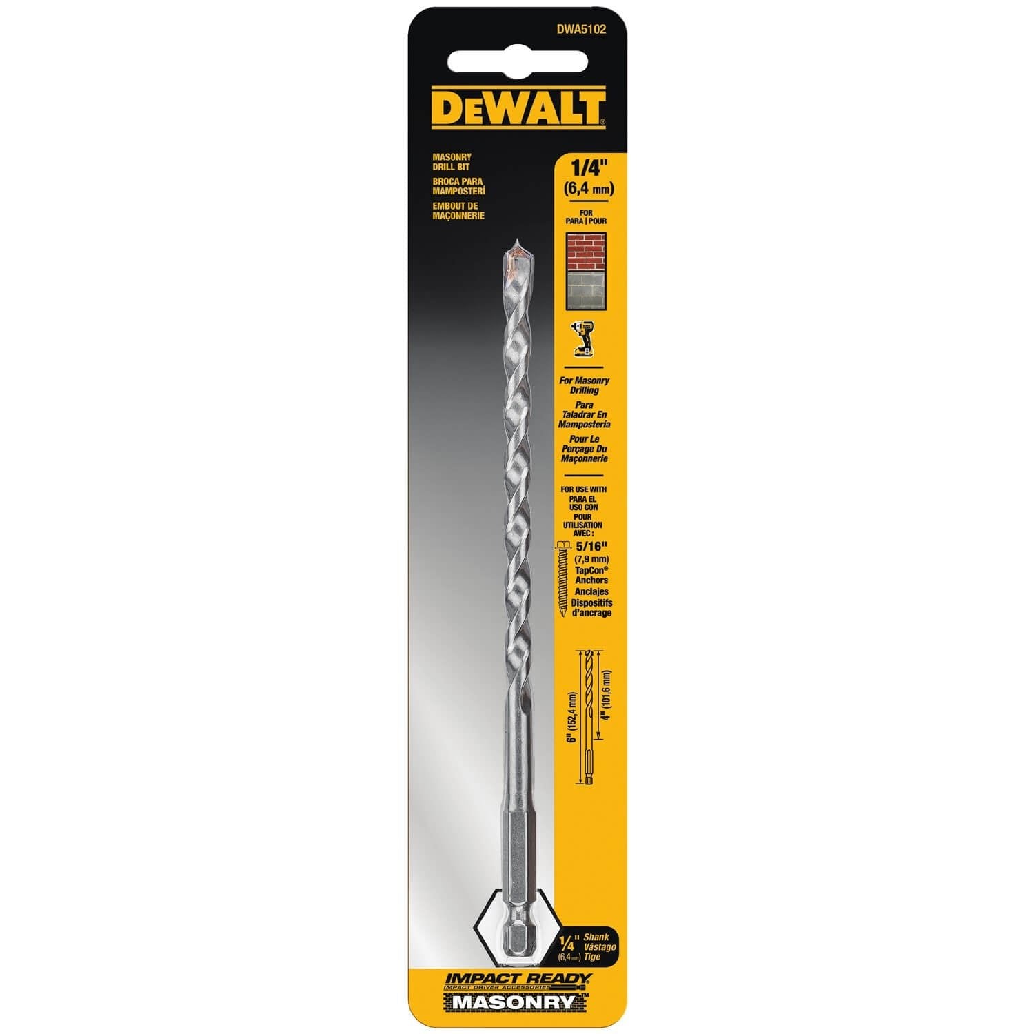 Foret à maçonnerie DEWALT DWA5102 Impact Ready, 1/4" x 4" x 6"