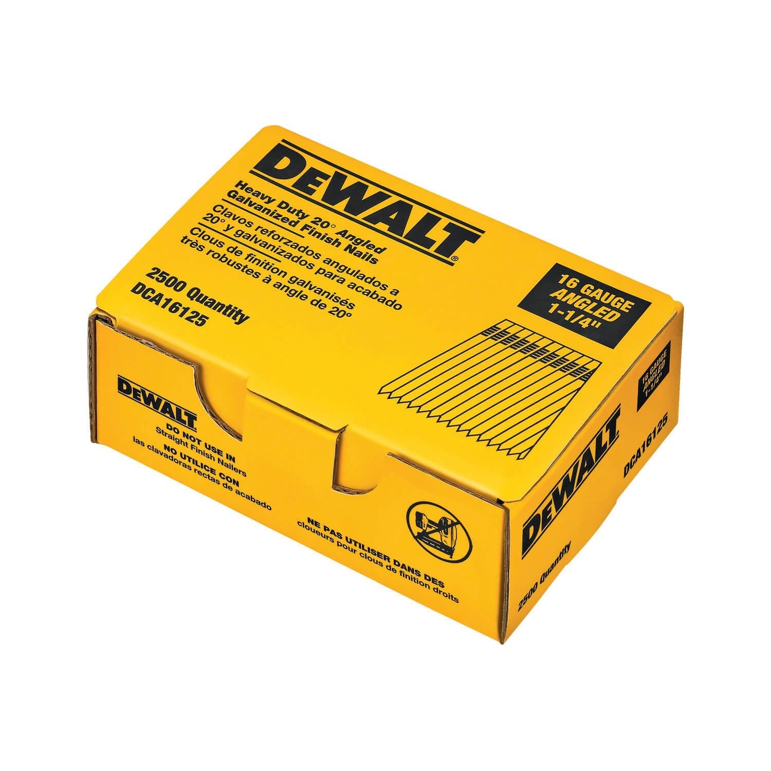 Clous de finition DEWALT DCA16125, 20 degrés, 1-1/4 po, calibre 16, paquet de 2 500