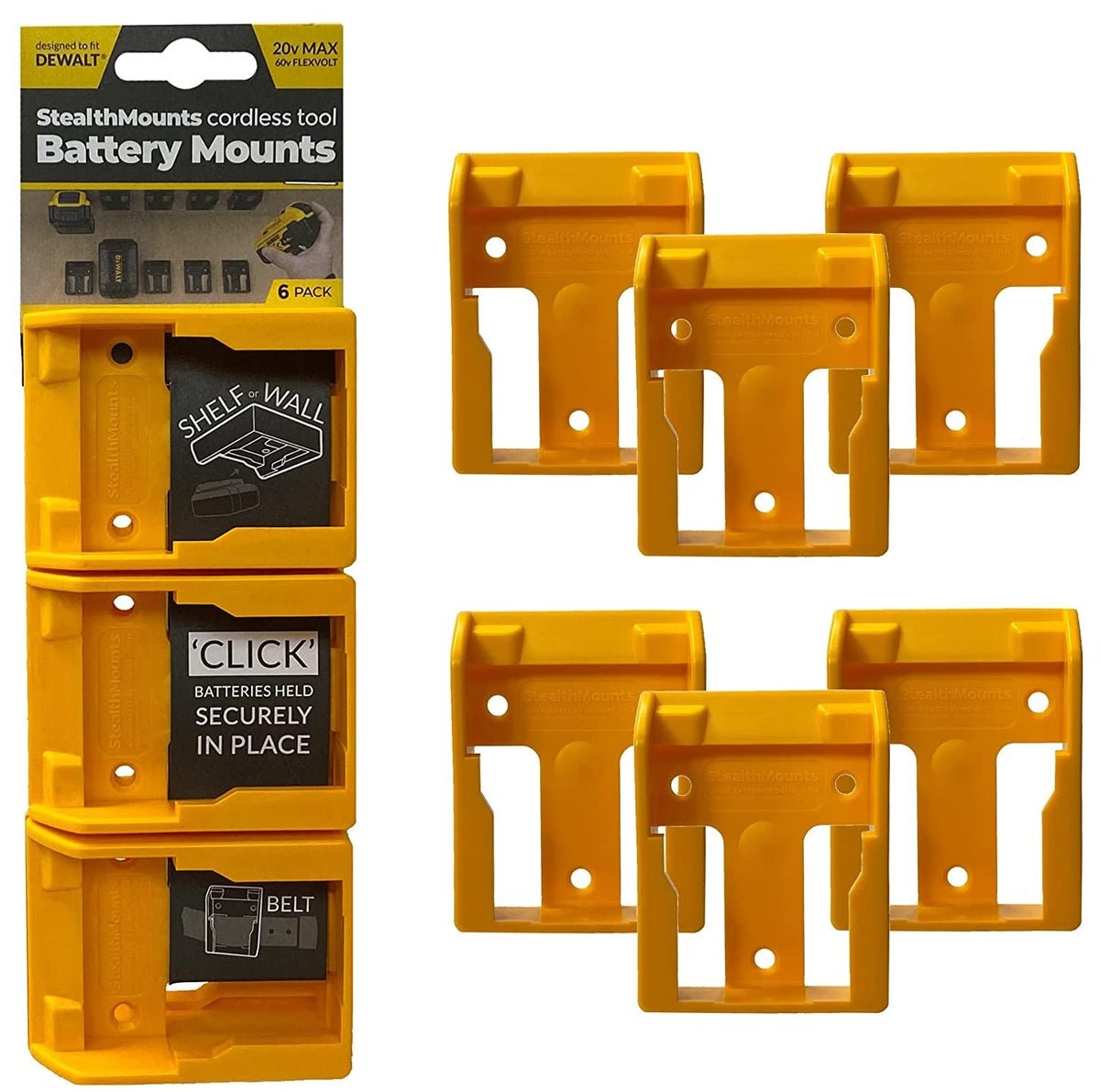 StealthMounts BM-DW20-YLW-6 DeWalt Battery Holders, Yellow