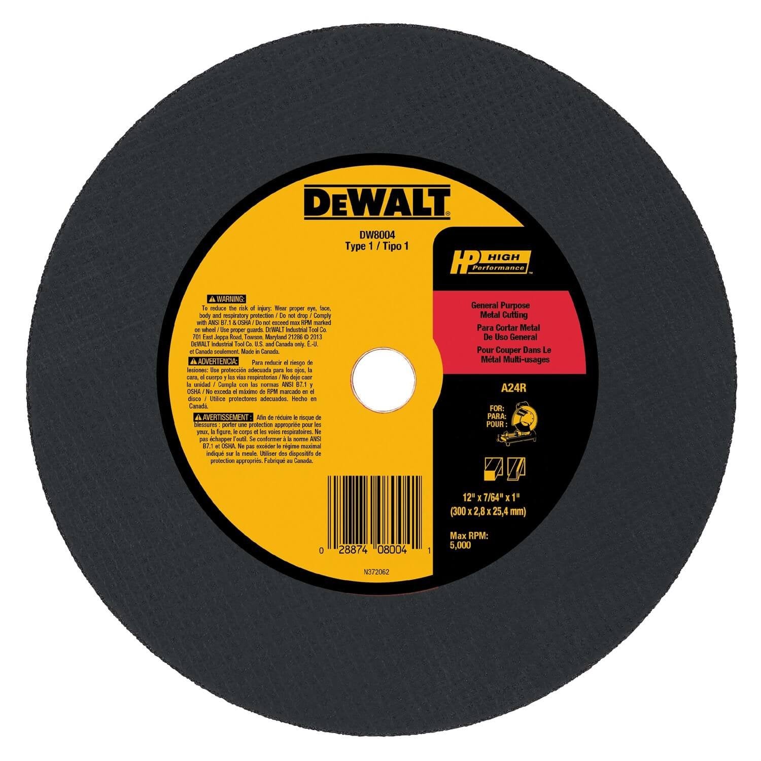 Disque de scie à tronçonner polyvalent DEWALT DW8004-12 x 7/64 x 1 - Métal